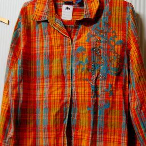trendy, long sleeve shirt orange w turquoise and bronze studs, medium, very cute